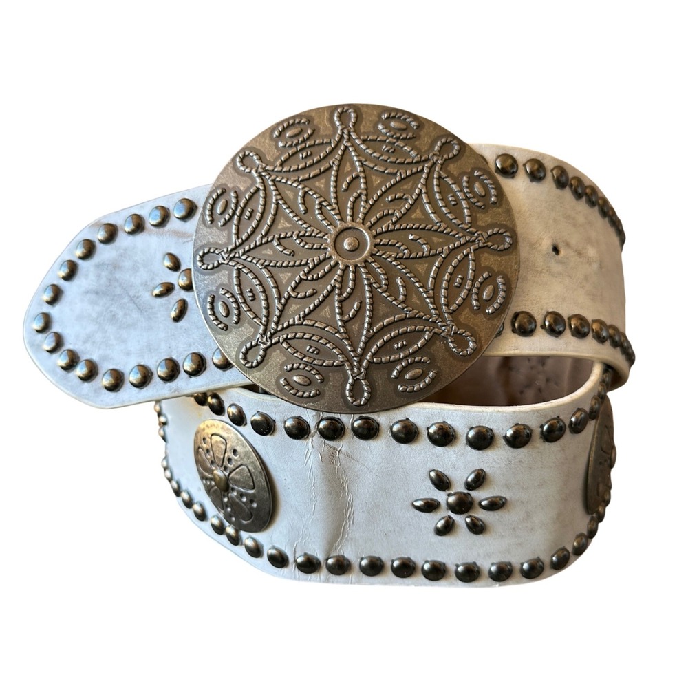 Vintage White Studded Wide Waist Belt Large Buckle Distressed M/L